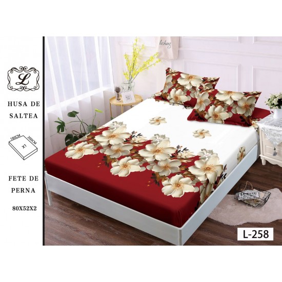 Cearșaf cu Elastic și 2 Fețe de Pernă – Alb și Bordo cu Flori Crem, 180x200 cm, OHT-013 3 huse la 159 lei
