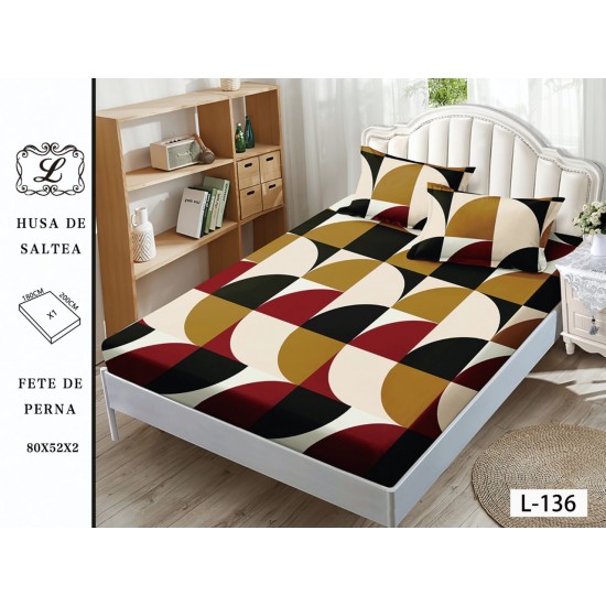 Cearșaf cu Elastic și 2 Fețe de Pernă – Model Geometric Bordo, Negru, Muștar și Crem, 180x200 cm, OHT-014 3 huse la 159 lei