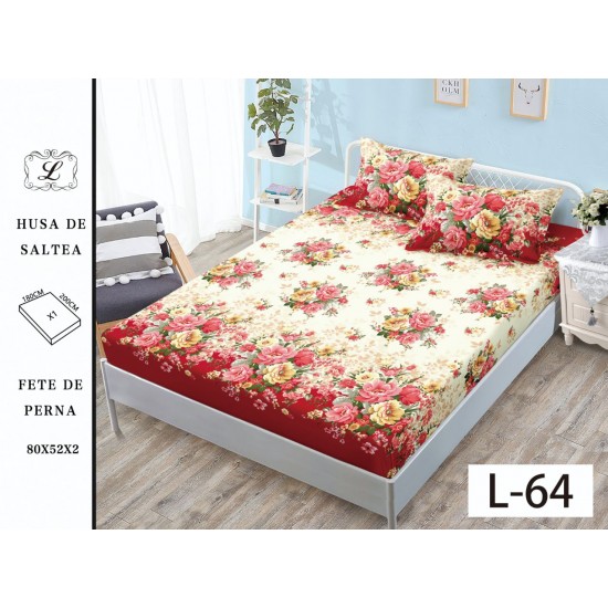 Cearșaf cu Elastic și 2 Fețe de Pernă – Model Floral Roșu și Crem, 180x200 cm, OHT-020 3 huse la 159 lei