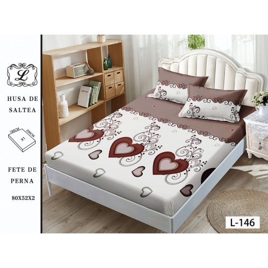 Cearșaf cu Elastic și 2 Fețe de Pernă – Model Inimi Maro și Crem, 180x200 cm, OHT-021 3 huse la 159 lei