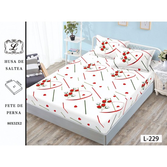 Cearșaf cu Elastic și 2 Fețe de Pernă – Model Inimi și Trandafiri Roșii, 180x200 cm, OHT-022 3 huse la 159 lei