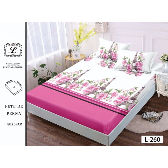 Cearșaf cu Elastic și 2 Fețe de Pernă – Model Turn Eiffel și Flori Roz, 180x200 cm, OHT-023 3 huse la 159 lei