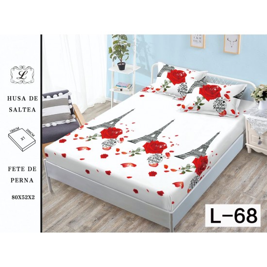 Cearșaf cu Elastic și 2 Fețe de Pernă – Model Turn Eiffel și Trandafiri Roșii, 180x200 cm, OHT-024 3 huse la 159 lei