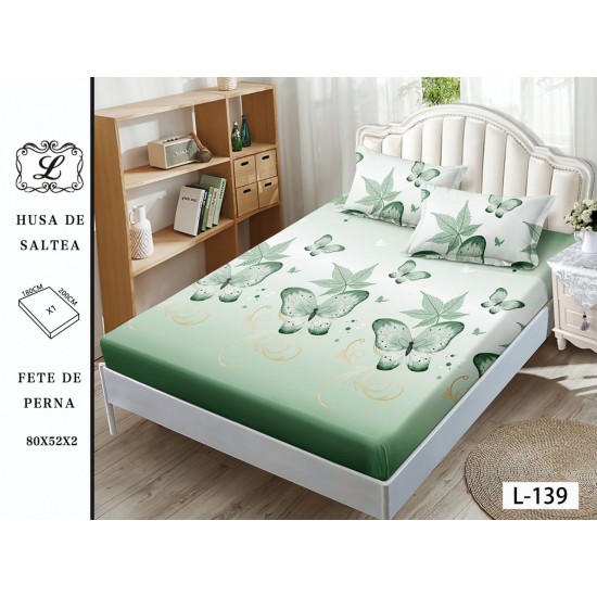 Cearșaf cu Elastic și 2 Fețe de Pernă – Model Fluturi și Frunze Verde, 180x200 cm, OHT-030 3 huse la 159 lei