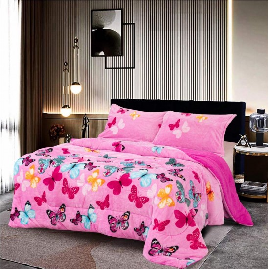 Pilota cu Blăniță 200x230 cm + 2 Fețe de Pernă – Model Fluturi Multicolori Roz, PDC-001 Pilote Iarna cu Blana