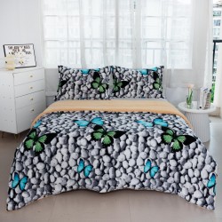 Pilota cu Blăniță 200x230 cm + 2 Fețe de Pernă – Model Fluturi Verde și Albastru pe Fundal cu Pietre, PDC-007