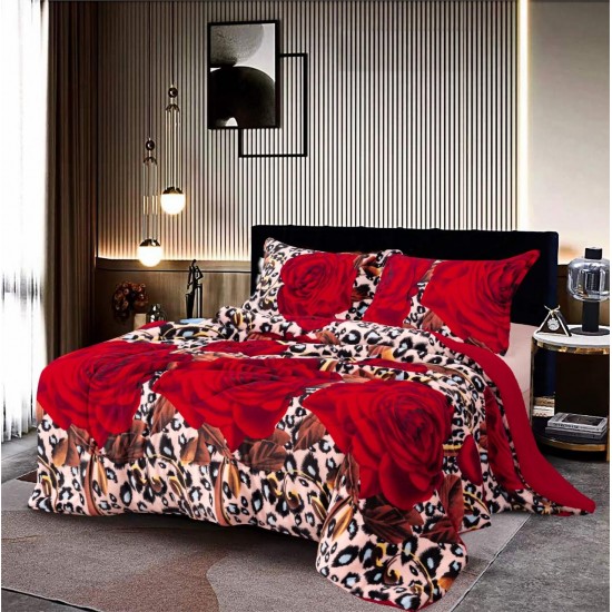 Pilota cu Blăniță 200x230 cm + 2 Fețe de Pernă – Model Trandafiri Roșii și Imprimeu Animal Print, PDC-008 Pilote Iarna cu Blana