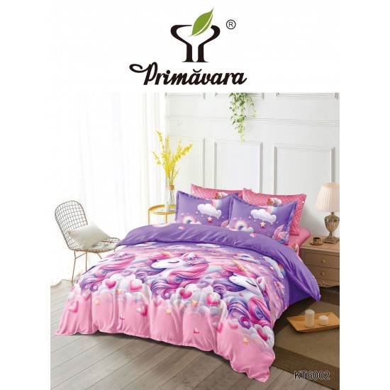 Set Lenjerie Pat Dublu 6 Piese cu Cearșaf cu Elastic – Bumbac Finet, Model Unicorni Roz-Mov, LDE-018 Lenjerii Finet 6 piese cu ELASTIC