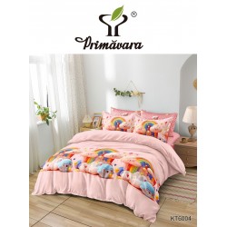 Set Lenjerie Pat Dublu 6 Piese cu Cearșaf cu Elastic – Bumbac Finet, Model Norișori și Curcubeu, Roz, LDE-210