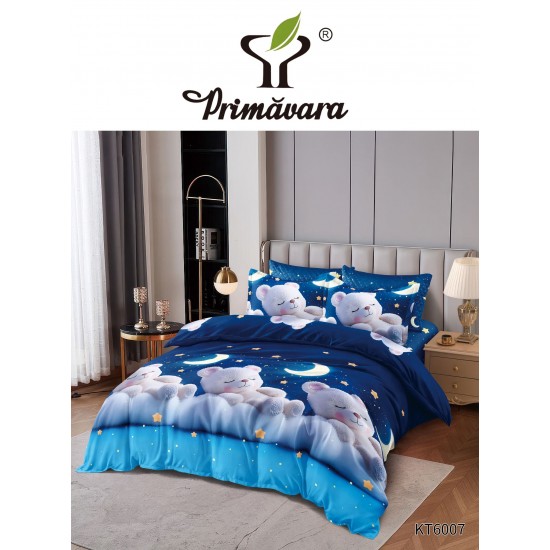 Set Lenjerie Pat Dublu 6 Piese cu Cearșaf cu Elastic – Bumbac Finet, Model Ursuleți și Stele, Albastru, LDE-211 Lenjerii Finet 6 piese cu ELASTIC