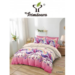 Set Lenjerie Pat Dublu 6 Piese cu Cearșaf cu Elastic – Bumbac Finet, Model Pegas Roz cu Fluturi, LDE-213