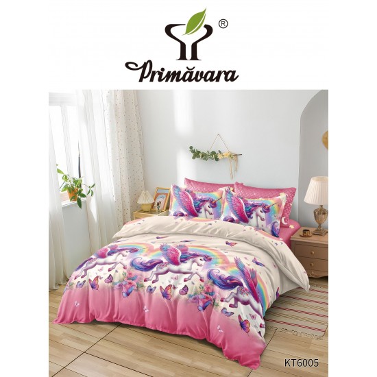 Set Lenjerie Pat Dublu 6 Piese cu Cearșaf cu Elastic – Bumbac Finet, Model Pegas Roz cu Fluturi, LDE-213 Lenjerii Finet 6 piese cu ELASTIC