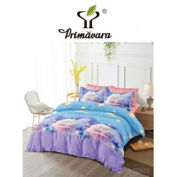 Set Lenjerie Pat Dublu 6 Piese cu Cearșaf cu Elastic – Bumbac Finet, Model Norisori și Stele, Albastru-Lila, LDE-214