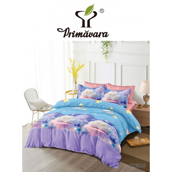 Set Lenjerie Pat Dublu 6 Piese cu Cearșaf cu Elastic – Bumbac Finet, Model Norisori și Stele, Albastru-Lila, LDE-214 Lenjerii Finet 6 piese cu ELASTIC