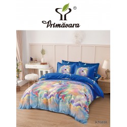 Set Lenjerie Pat Dublu 6 Piese cu Cearșaf cu Elastic – Bumbac Finet, Model Unicorn Albastru Multicolor, LDE-217