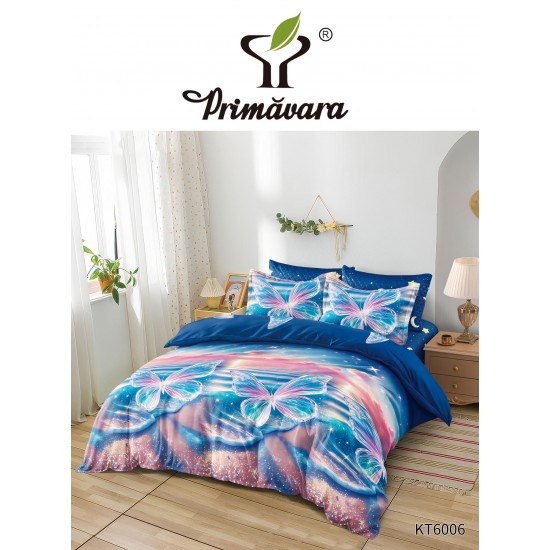 Set Lenjerie Pat Dublu 6 Piese cu Cearșaf cu Elastic – Bumbac Finet, Model Fluturi Albastru și Roz, LDE-218 Lenjerii Finet 6 piese cu ELASTIC