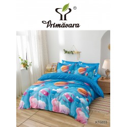 Set Lenjerie Pat Dublu 6 Piese cu Cearșaf cu Elastic – Bumbac Finet, Model Planete și Nori Roz, LDE-219