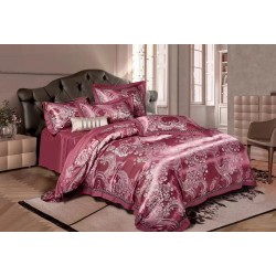 Set Lenjerie Pat Dublu 4 Piese – Satin Jacquard Bordo cu Model Floral Elegant, LDJ-040