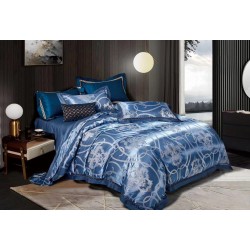 Set Lenjerie Pat Dublu 4 Piese – Satin Jacquard Albastru Royal cu Model Elegant, LDJ-041