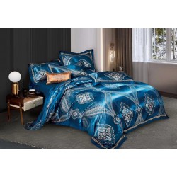 Set Lenjerie Pat Dublu 4 Piese – Satin Jacquard Albastru Regal – Model Floral Elegant, LDJ-045