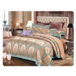 Set Lenjerie Pat Dublu 4 Piese – Satin Jacquard Auriu cu Verde – Model Elegant, LDJ-046