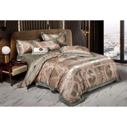 Set Lenjerie Pat Dublu 4 Piese – Satin Jacquard Gri Bej cu Model Floral Baroc, LDJ-048