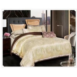 Set Lenjerie Pat Dublu 4 Piese – Satin Jacquard Galben Auriu, Model Floral de Lux, LDJ-049