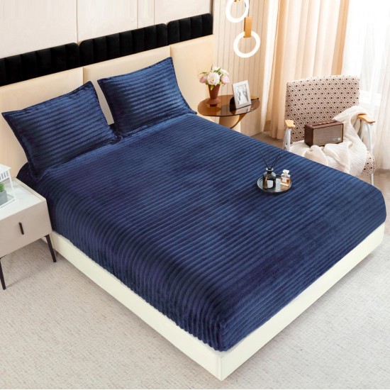 Cearșaf cu Elastic 180x200 din Blăniță de Iepure + 2 Fețe de Pernă – Albastru, Model în Dungi, HP-004 Huse Plus Iepure