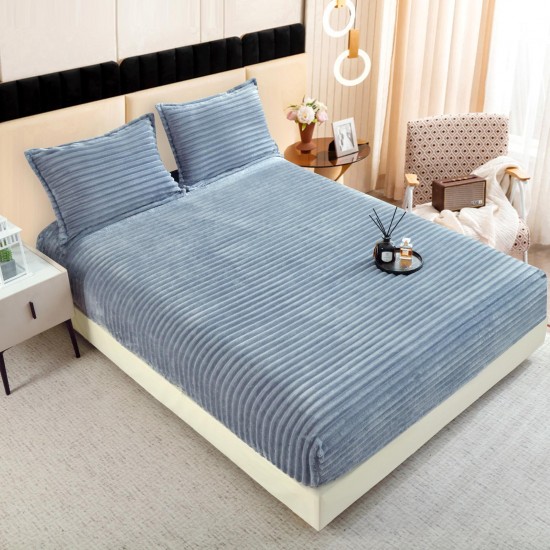 Cearșaf cu Elastic 180x200 din Blăniță de Iepure + 2 Fețe de Pernă – Gri albastrui, Model în Dungi, HP-012 Huse Plus Iepure