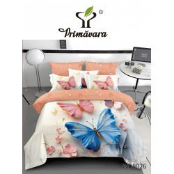 Lenjerie Pat 4 Piese 5D cu Cearșaf Elastic – Model Fluturi Multicolori, Fundal Alb-Piersică, LFL-057