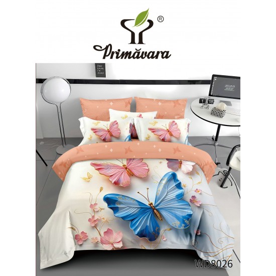 Lenjerie Pat 4 Piese 5D cu Cearșaf Elastic – Model Fluturi Multicolori, Fundal Alb-Piersică, LFL-057 Lenjerii Finet Premium Lux