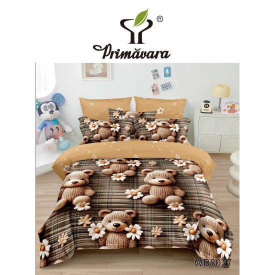 Lenjerie Pat 4 Piese 5D cu Cearșaf Elastic – Model Ursuleți Tricot și Flori, Maro, LFL-060 Lenjerii Finet Premium Lux