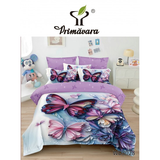 Lenjerie Pat 4 Piese 5D cu Cearșaf Elastic – Model Fluturi Multicolori pe Fundal Mov și Alb, LFL-061 Lenjerii Finet Premium Lux