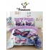 Lenjerie Pat 4 Piese 5D cu Cearșaf Elastic – Model Fluturi Multicolori pe Fundal Mov și Alb, LFL-061