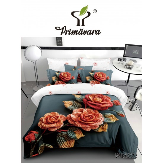 Lenjerie Pat 4 Piese 5D cu Cearșaf Elastic – Flori 5D Roșii și Portocalii, Fundal Negru, LFL-065 Lenjerii Finet Premium Lux