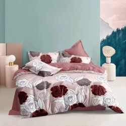 Set Lenjerie de Pat Bumbac Satinat 4 Piese – Pat Dublu, model trandafiri roșii și gri, fundal roz, LDBS-170