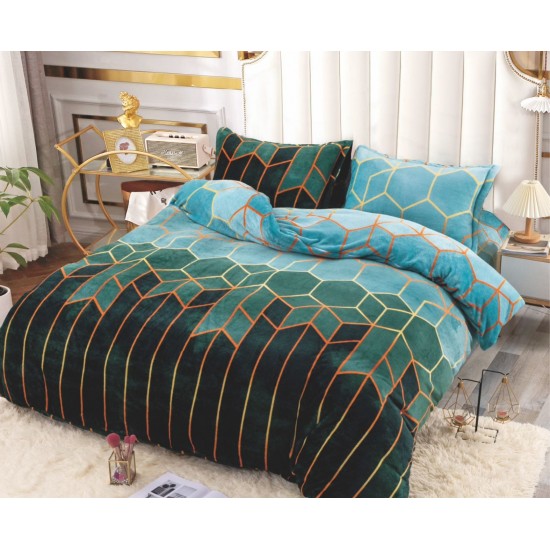 Lenjerie pat cocolino 4 piese – pat dublu, imprimeu geometric turcoaz și negru cu accente aurii, LDC-087 Lenjerii Cocolino 4 piese