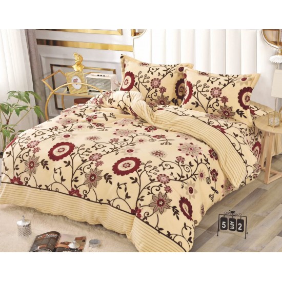 Set Lenjerie Cocolino 4 Piese Pat Dublu – Crem cu Flori Roșii și Maro, LDC-063 Lenjerii Cocolino 4 piese