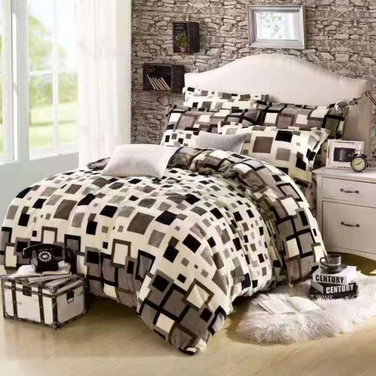 Set Lenjerie Cocolino 4 Piese Pat Dublu cu Elastic – Model Geometric Pătrate în Nuanțe Maro, LEC-015 Lenjerii Cocolino 4 piese cu ELASTIC