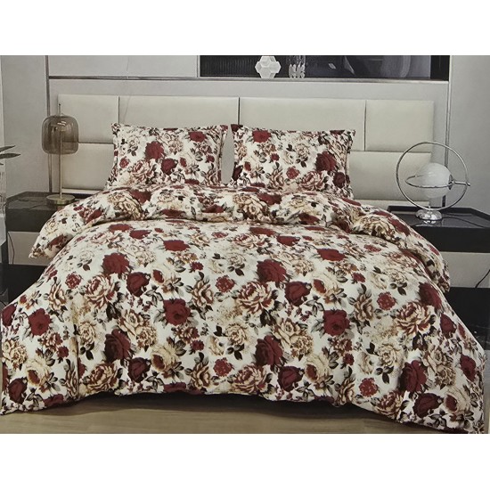 Set Lenjerie Cocolino 4 Piese Pat Dublu – Floral Roșu și Bej, LDC-102 Lenjerii Cocolino 4 piese