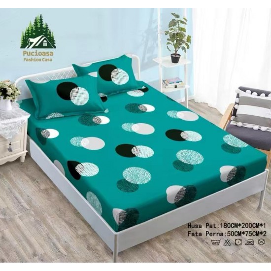Cearșaf Cocolino cu Elastic 180x200 cm + 2 Fețe de Pernă – Model Cercuri Verde Turcoaz, HC-001 Huse Cocolino