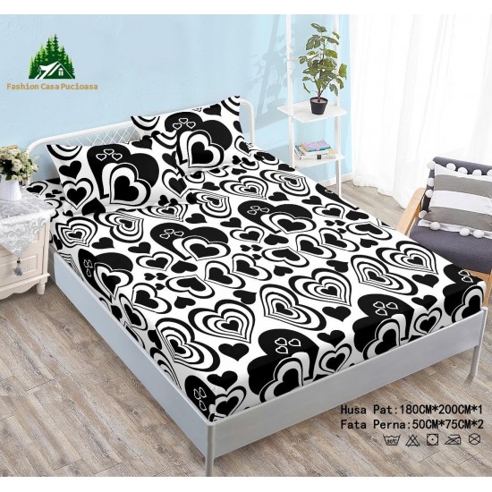 Cearșaf Cocolino cu Elastic 180x200 cm + 2 Fețe de Pernă – Model Inimi Alb Negru, HC-024 Huse Cocolino
