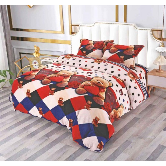 Set Lenjerie Cocolino 4 piese pat dublu cu cearșaf cu elastic – Model Ursuleți Roșu-Albastru, LEC-032 Lenjerii Cocolino 4 piese cu ELASTIC