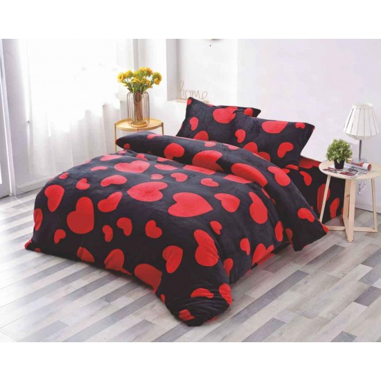 Set Lenjerie Pufoasa Cocolino cu Elastic, 4 Piese, Pat 2 Persoane, Negru-Rosu, inimi, LEC-006 Lenjerii Cocolino 4 piese cu ELASTIC
