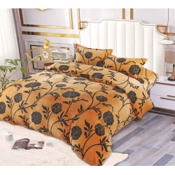 Set Lenjerie Pufoasa Cocolino cu Elastic, 4 Piese, Pat 2 Persoane, Maro-Negru, flori, LEC-009