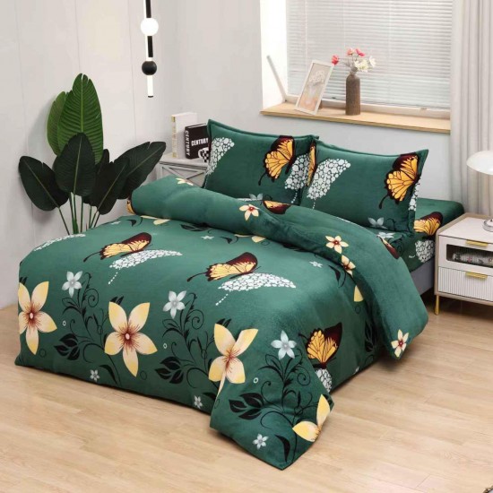 Set Lenjerie Cocolino 4 piese pat dublu cu cearșaf cu elastic – Model Verde cu Fluturi și Flori, LEC-047 Lenjerii Cocolino 4 piese cu ELASTIC