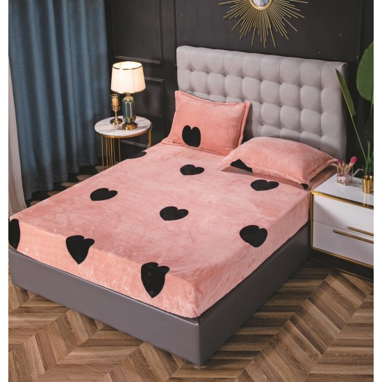 Cearșaf Cocolino cu Elastic 180x200 cm + 2 Fețe de Pernă – Model Roz cu Inimi Negre, HC-036 Huse Cocolino