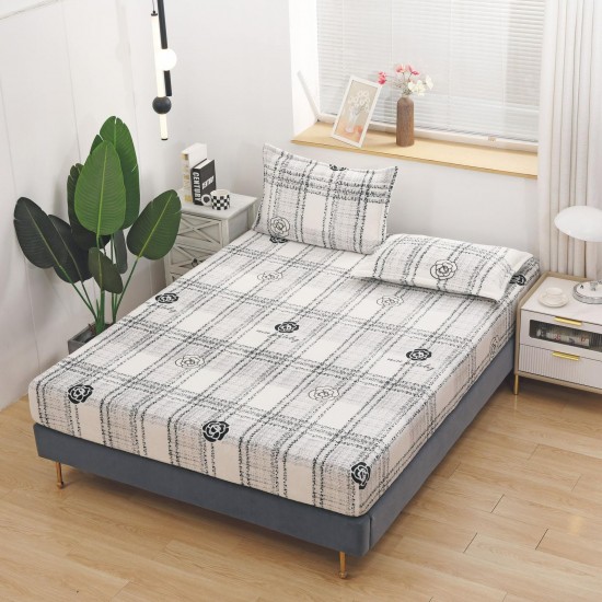 Cearșaf Cocolino cu Elastic 180x200 cm + 2 Fețe de Pernă – Model Alb cu Carouri Negre și Flori, HC-002 Huse Cocolino