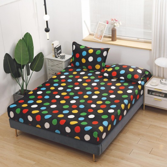 Cearșaf Cocolino cu Elastic 180x200 cm + 2 Fețe de Pernă – Model Negru cu Buline Colorate, HC-034 Huse Cocolino