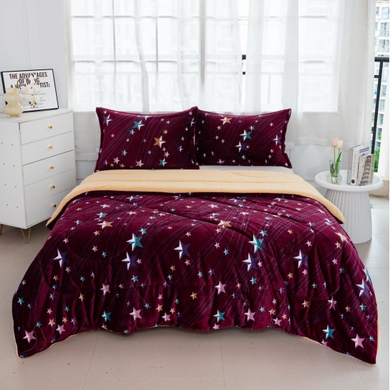 Pilota cu Blăniță + 2 Fețe de Pernă – 200x230 cm, Mov cu Stele Colorate, PDC-014 Pilote Iarna cu Blana
